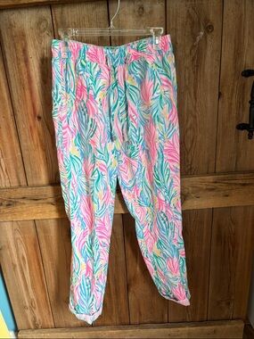 Lilly Pulitzer Taron Mid-Rise pull-on Linen "Sea Turtle" Pants Pink, Teal Yellow